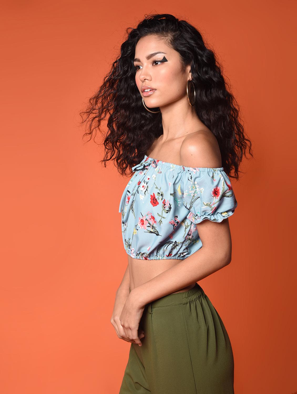 off shoulder floral blouson crop top - 16936443 - Standard Image - 2