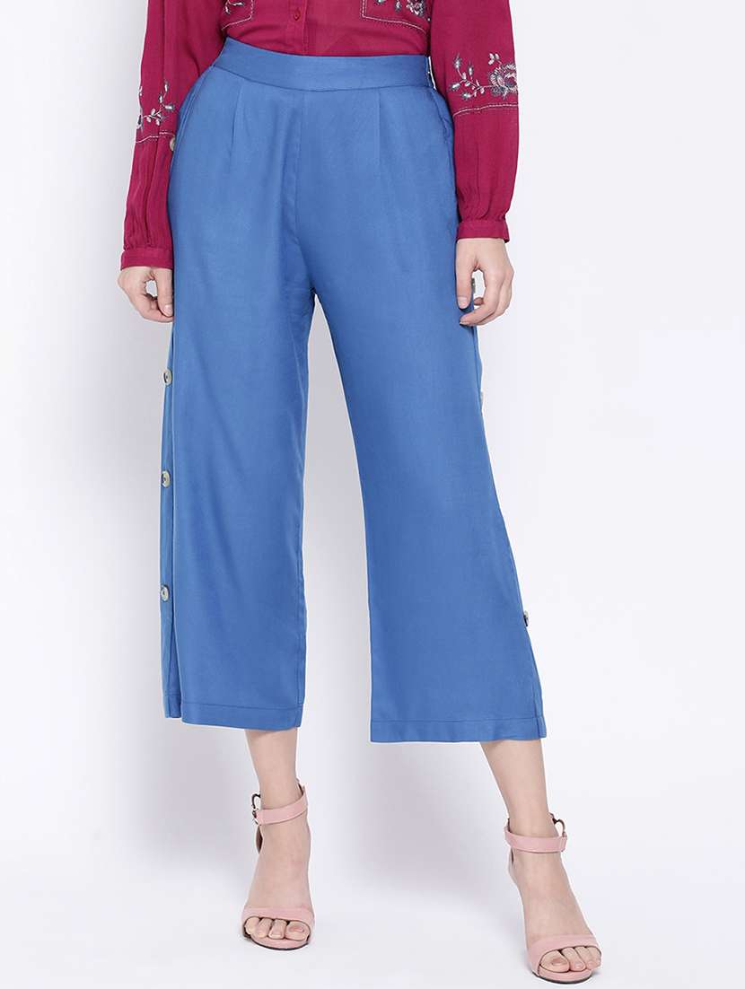 women solid light blue detailed culottes