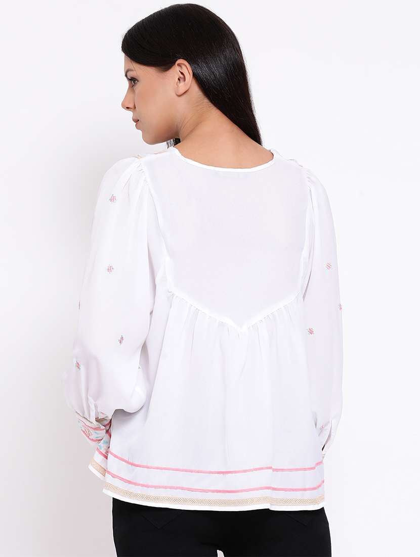 embroidered detail notch neck top - 16936513 - Standard Image - 2