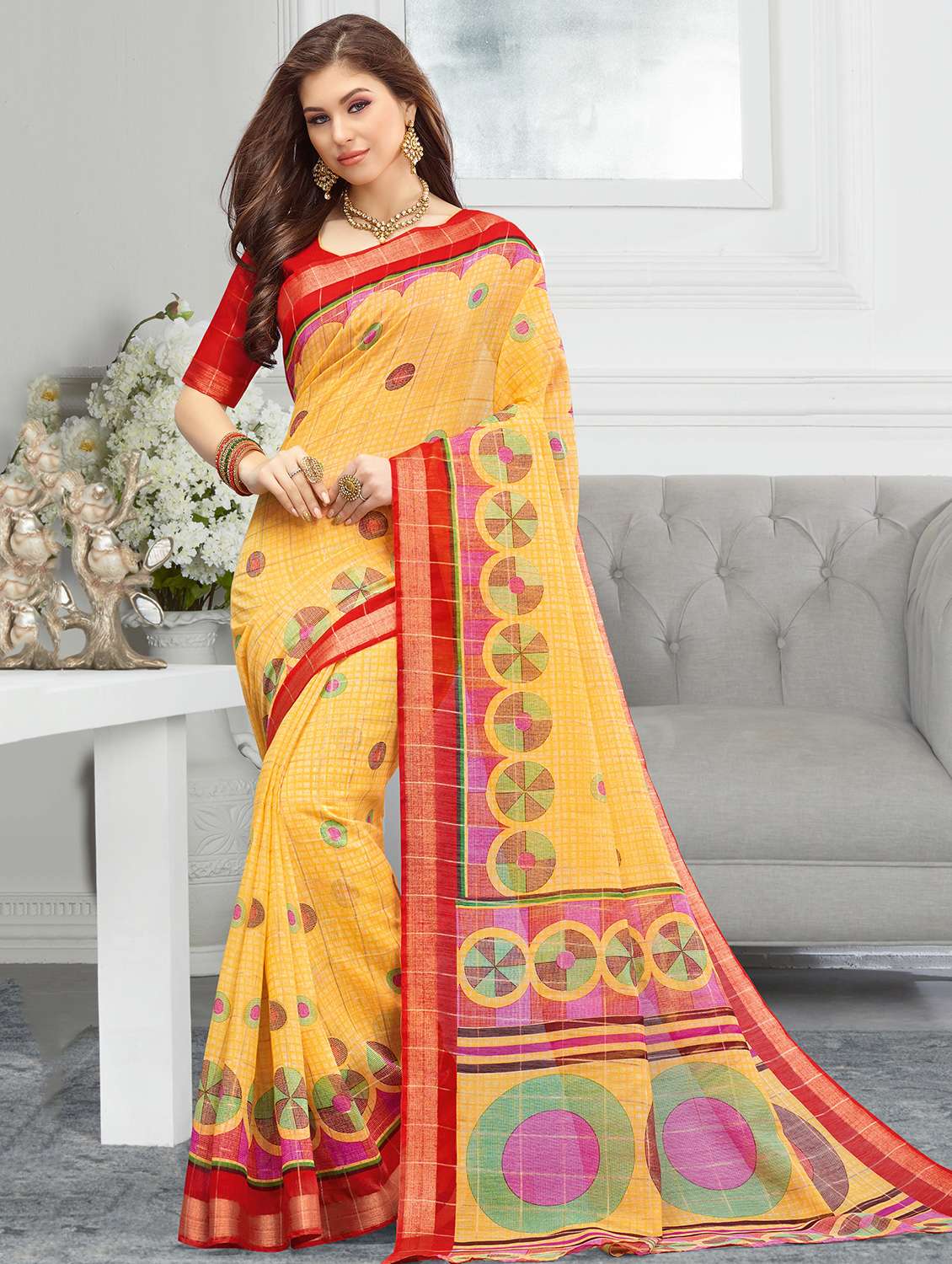 women's self design yellow colored saree with blouse