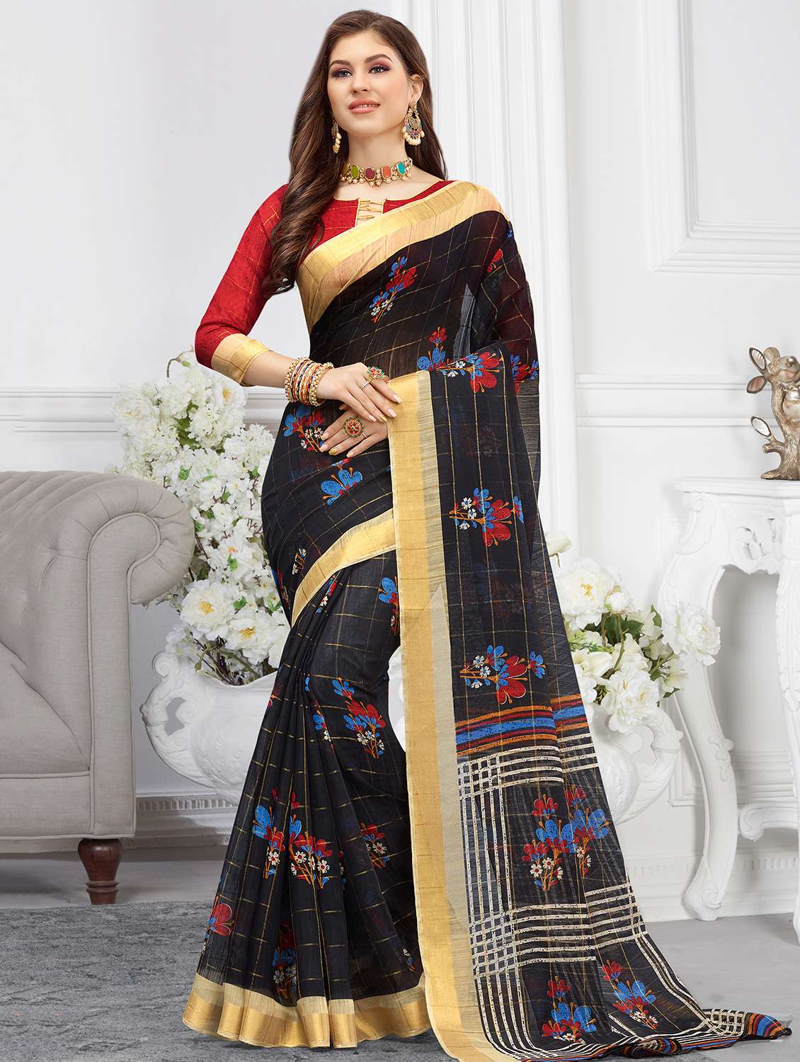 women's floral black colored saree with blouse