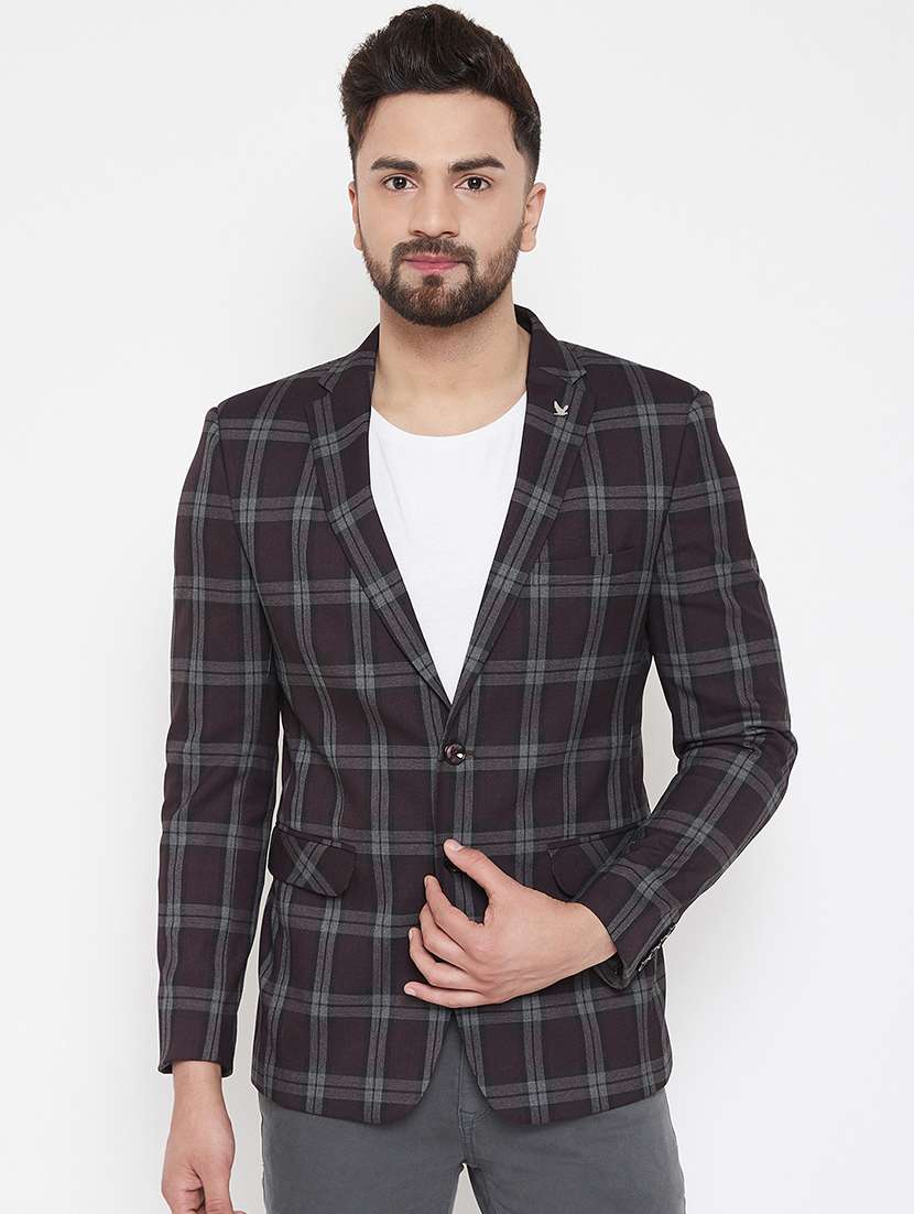 red checkered single breasted casual blazer