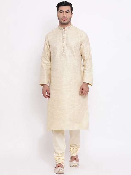 beige self design long kurta with embroidered neckline - 16942362 - Standard Image - 0