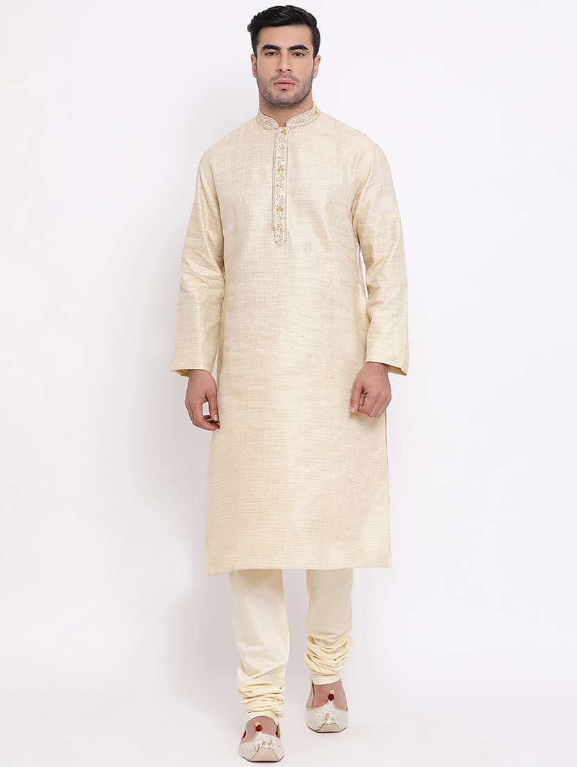 beige self design long kurta with embroidered neckline - 16942362 - Zoom Image - 0