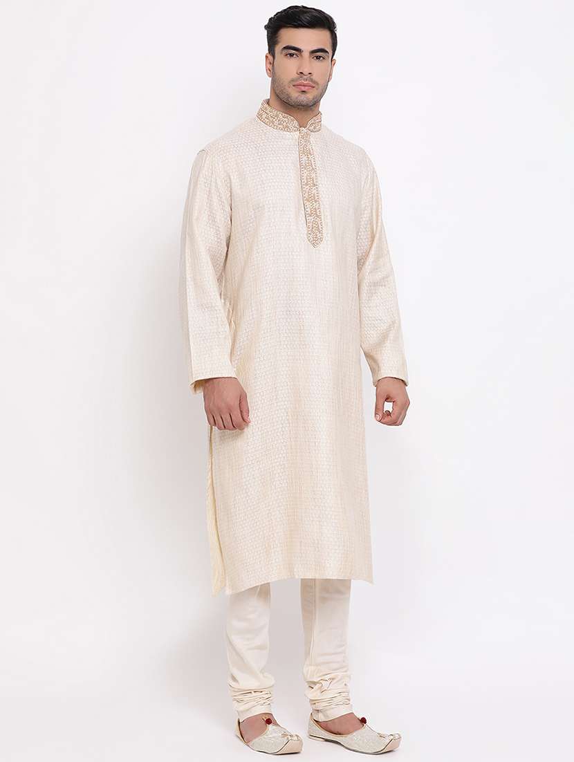 beige jacquard long kurta with embroidered neckline - 16942390 -  Standard Image - 2