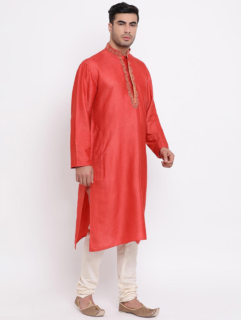 orange self design silk blend kurta churidar - 16943220 - Standard Image - 2