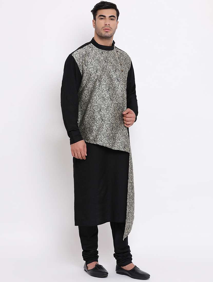 black pure silk brocade asymmetric kurta churidar set  - 16943222 -  Standard Image - 2
