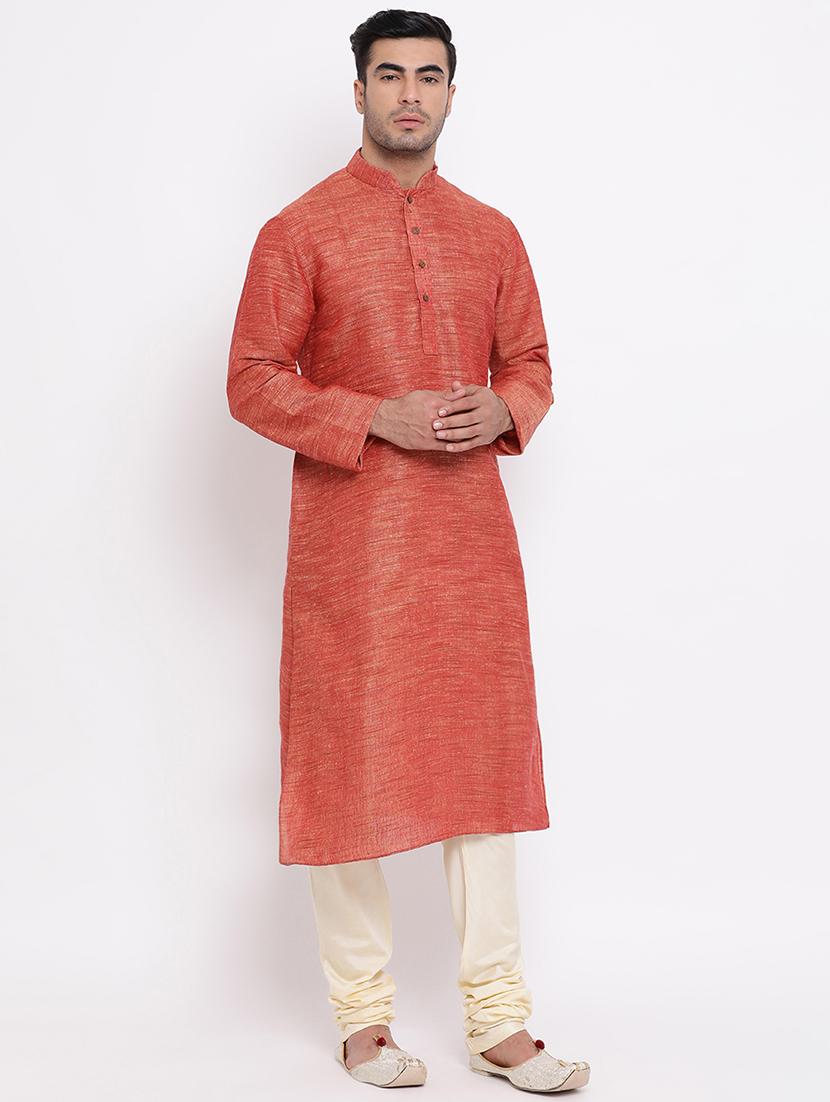 orange solid khadi kurta churidar set - 16943234 - Standard Image - 2