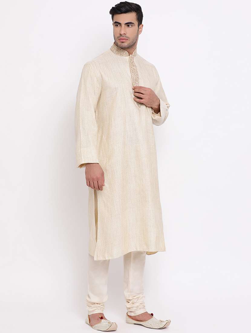 beige jacquard kurta churidar set - 16943250 -  Standard Image - 2