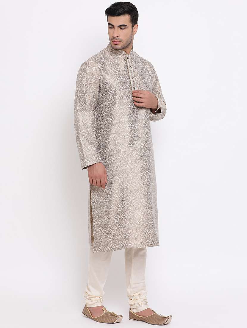 beige pure silk brocade kurta churidar set - 16943254 - Standard Image - 2