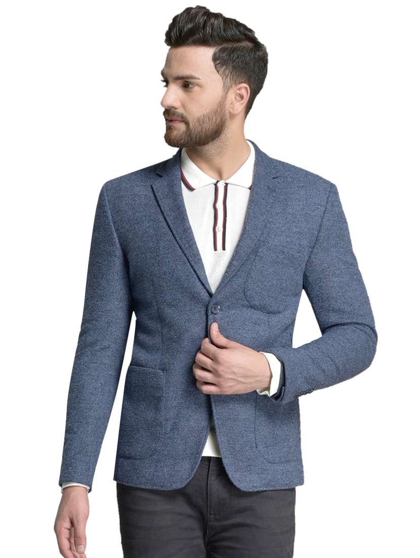 navy blue solid single breasted casual blazer