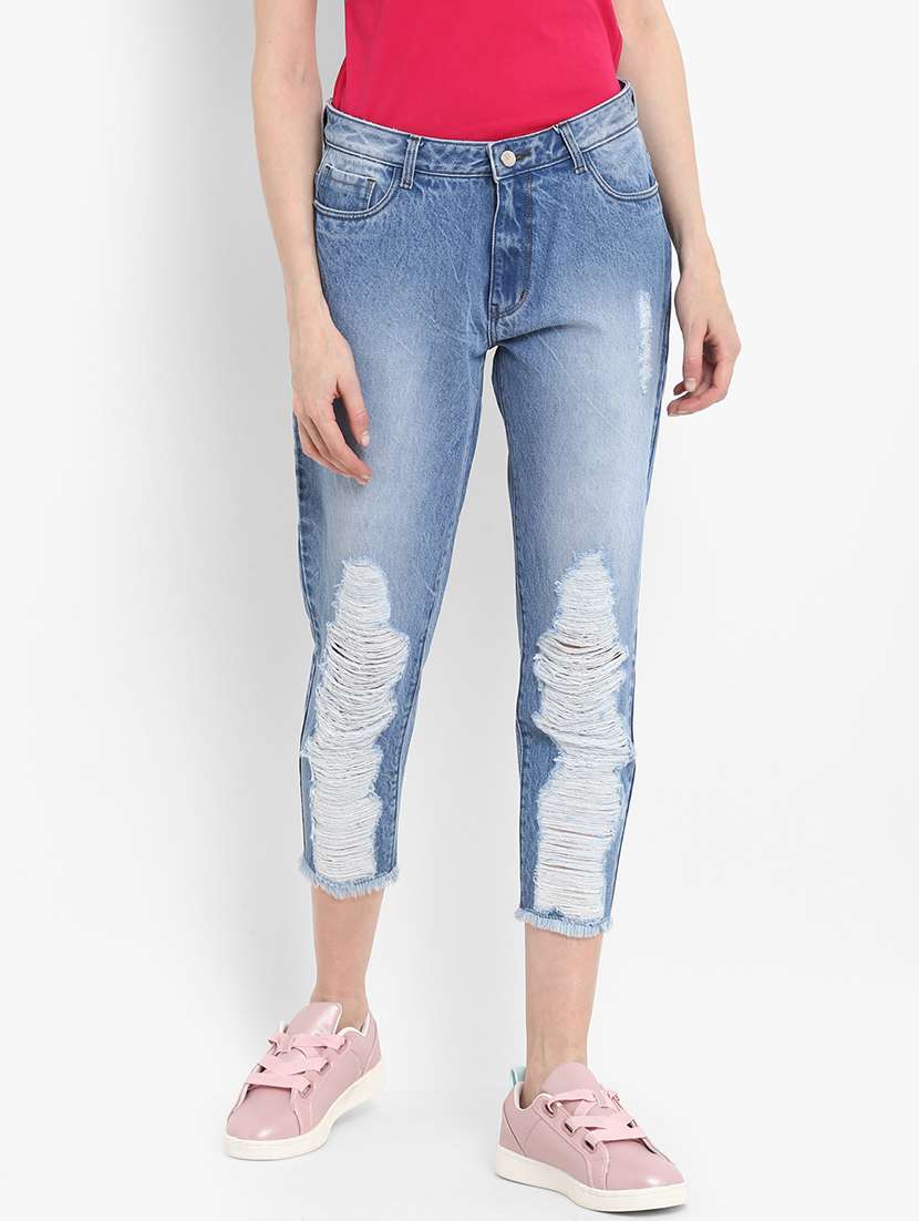 frayed hem distressed cropped jeans 