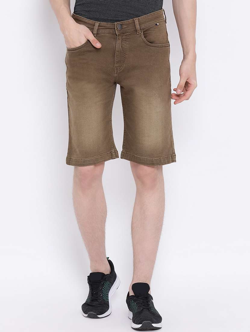 brown washed denim shorts