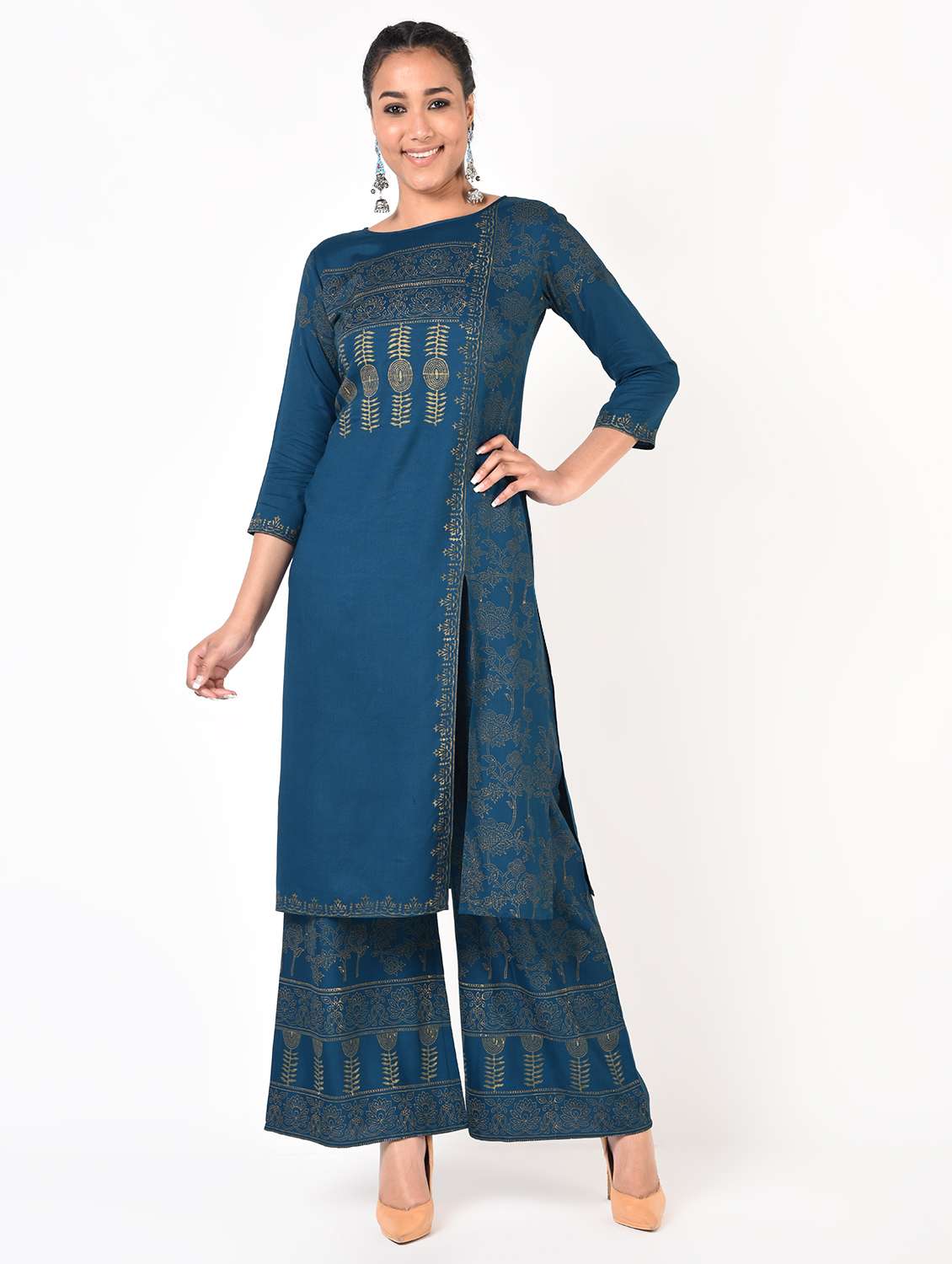 gold print front slit kurta palazzo set
