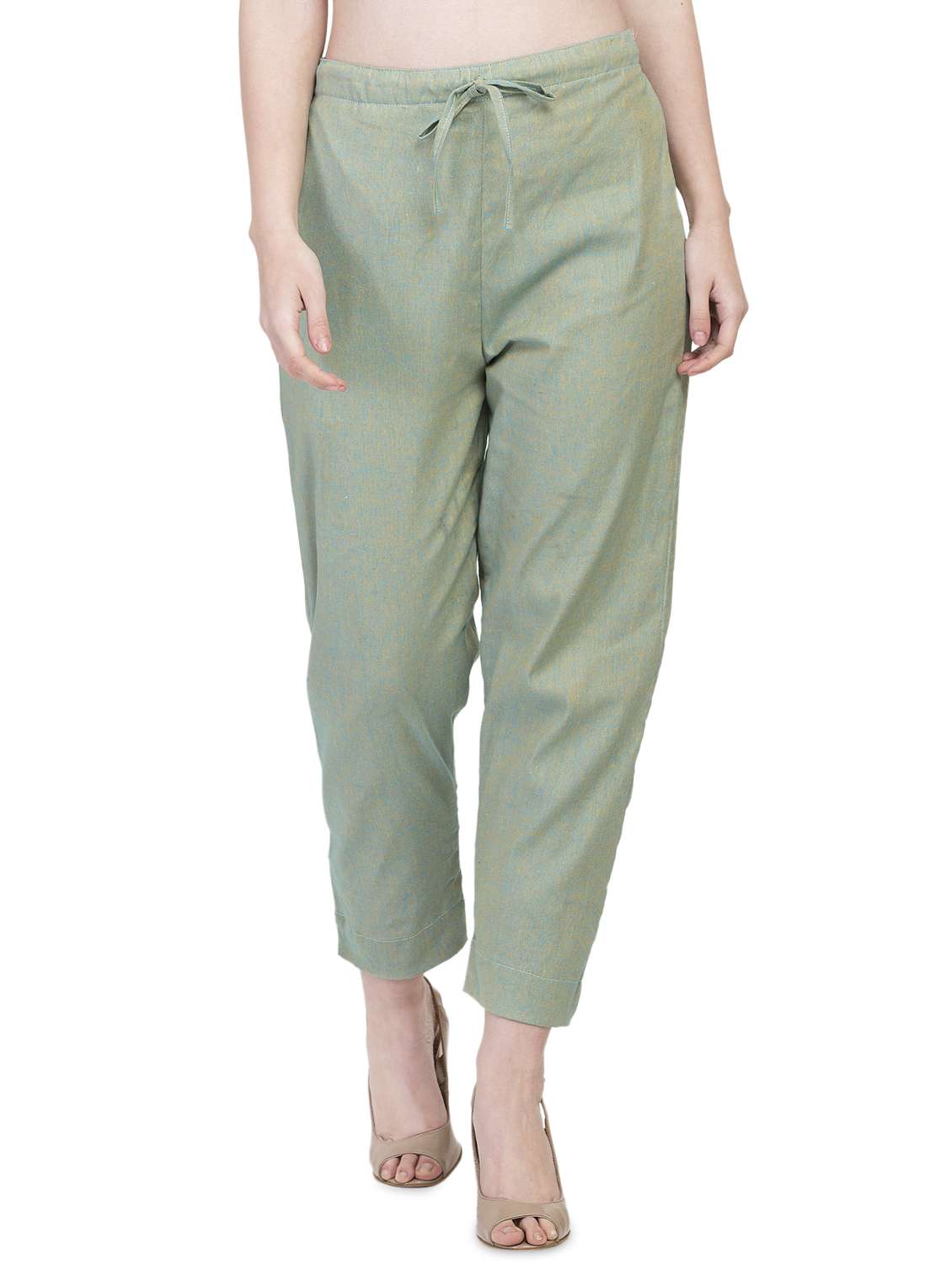women solids calf length tailored pants