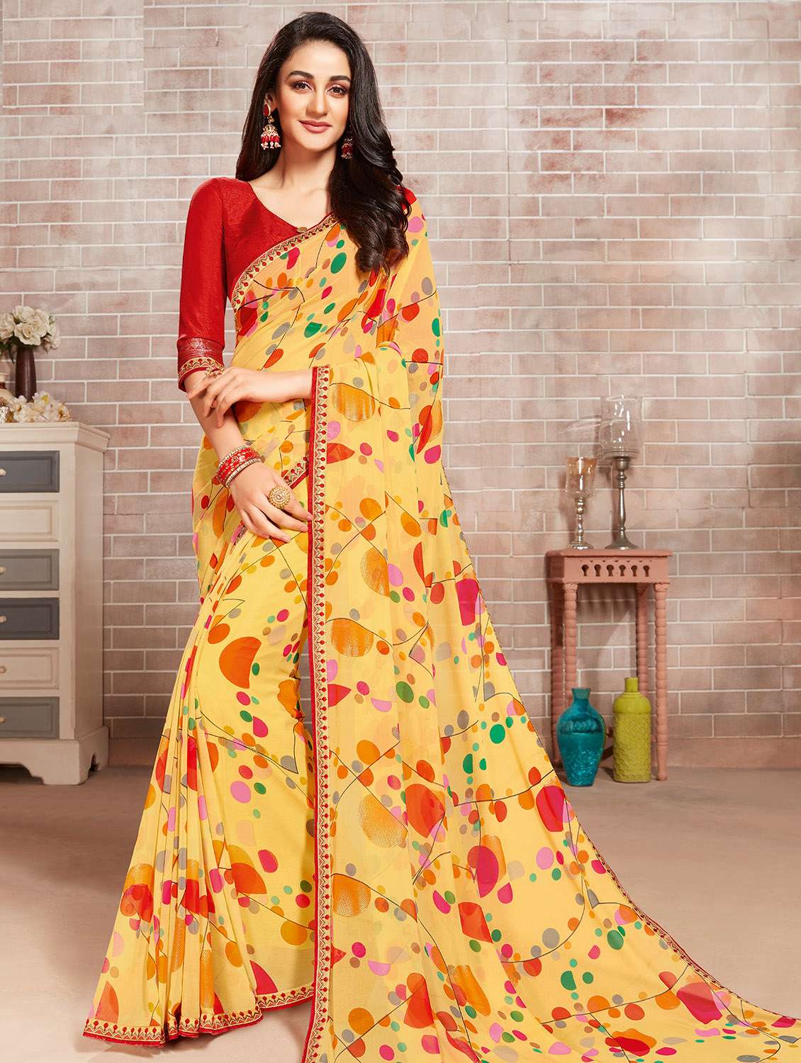 polka dots printed saree  with blouse