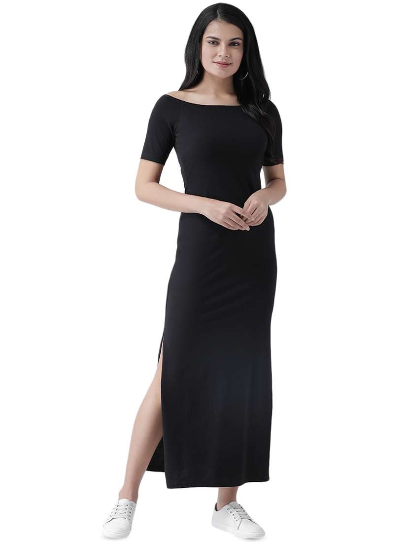 boat neck side slit maxi dress 