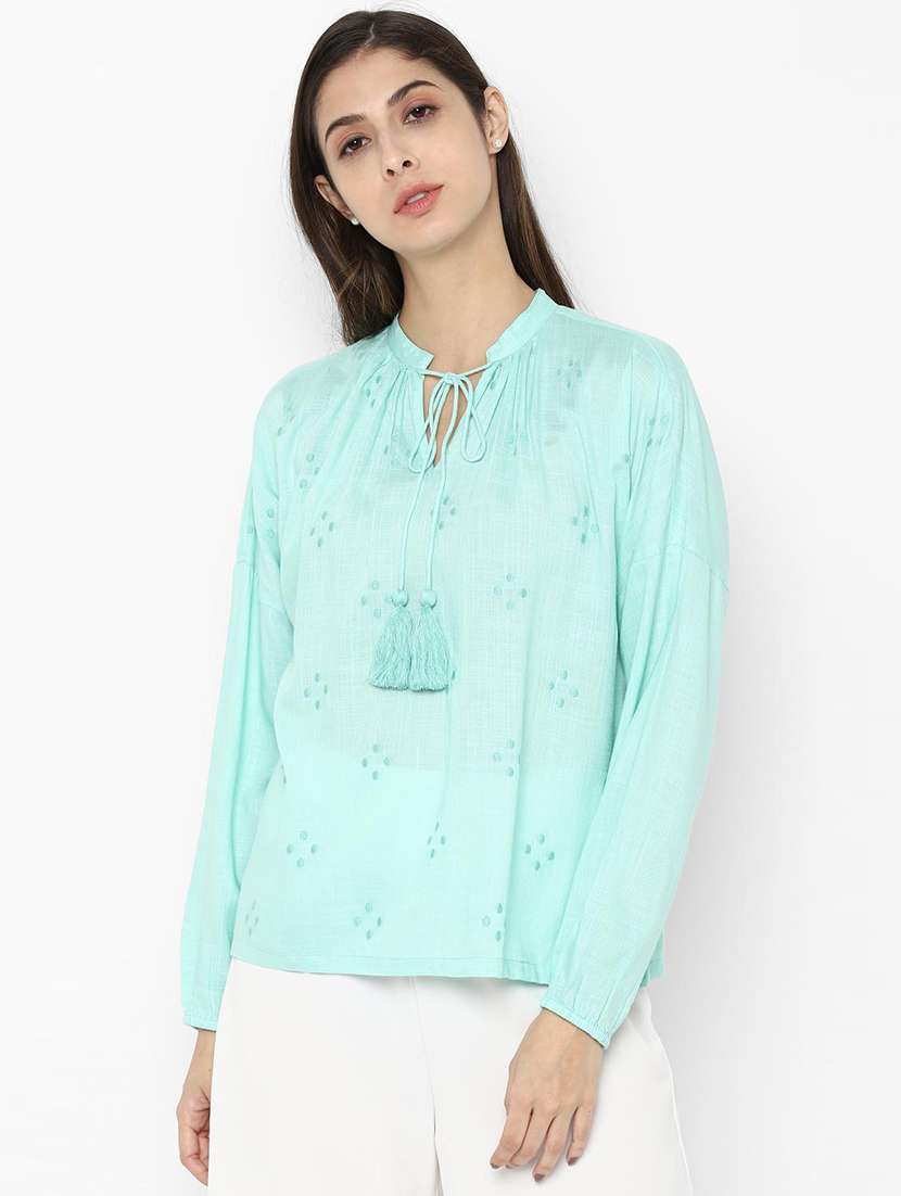 tie up neck embroidered detail top 