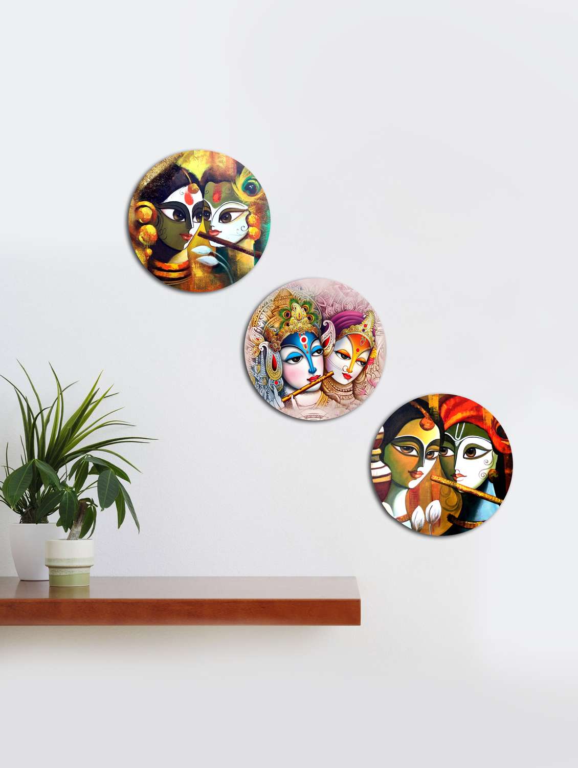 round krishna wall paintings with wooden frame and without glass (set of 3)