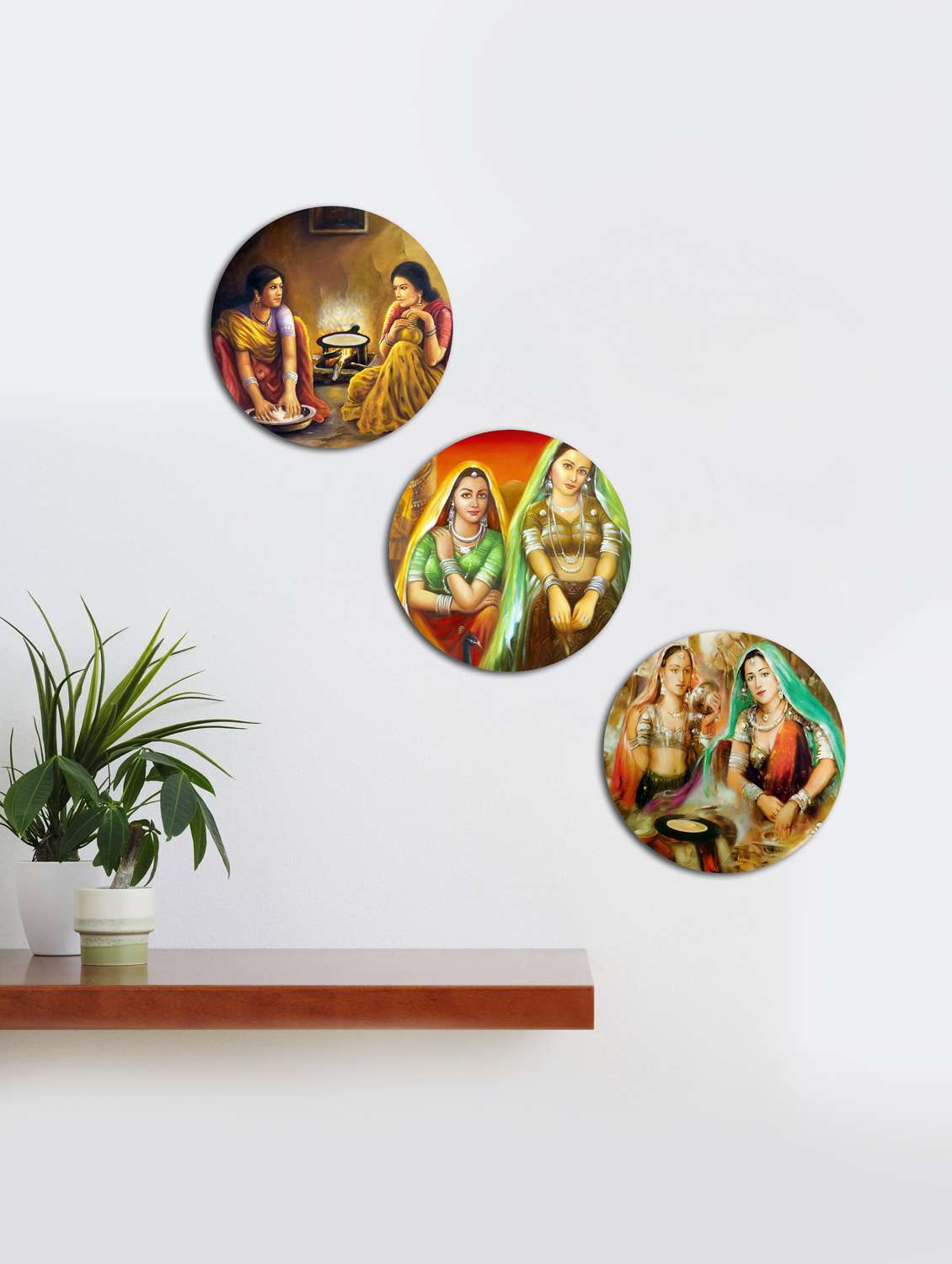  round wall ladies painting with wooden frame and without glass - set of 3