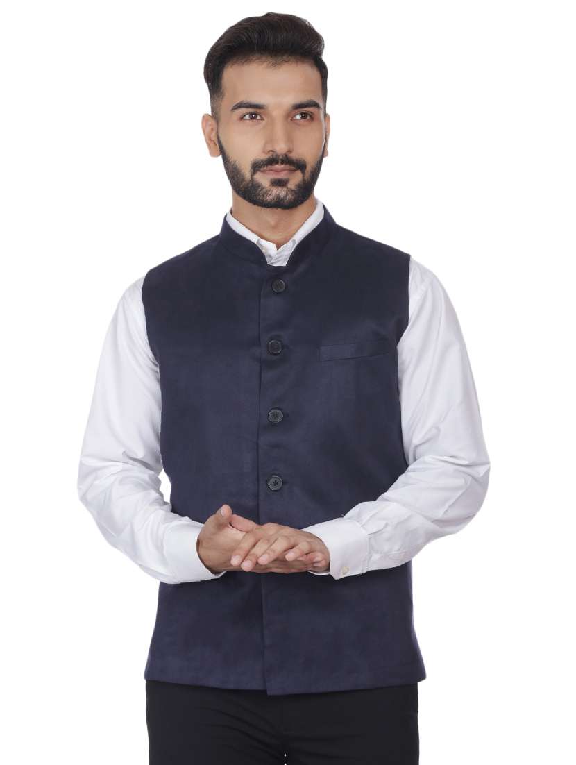 dark blue solid velvet nehru jacket