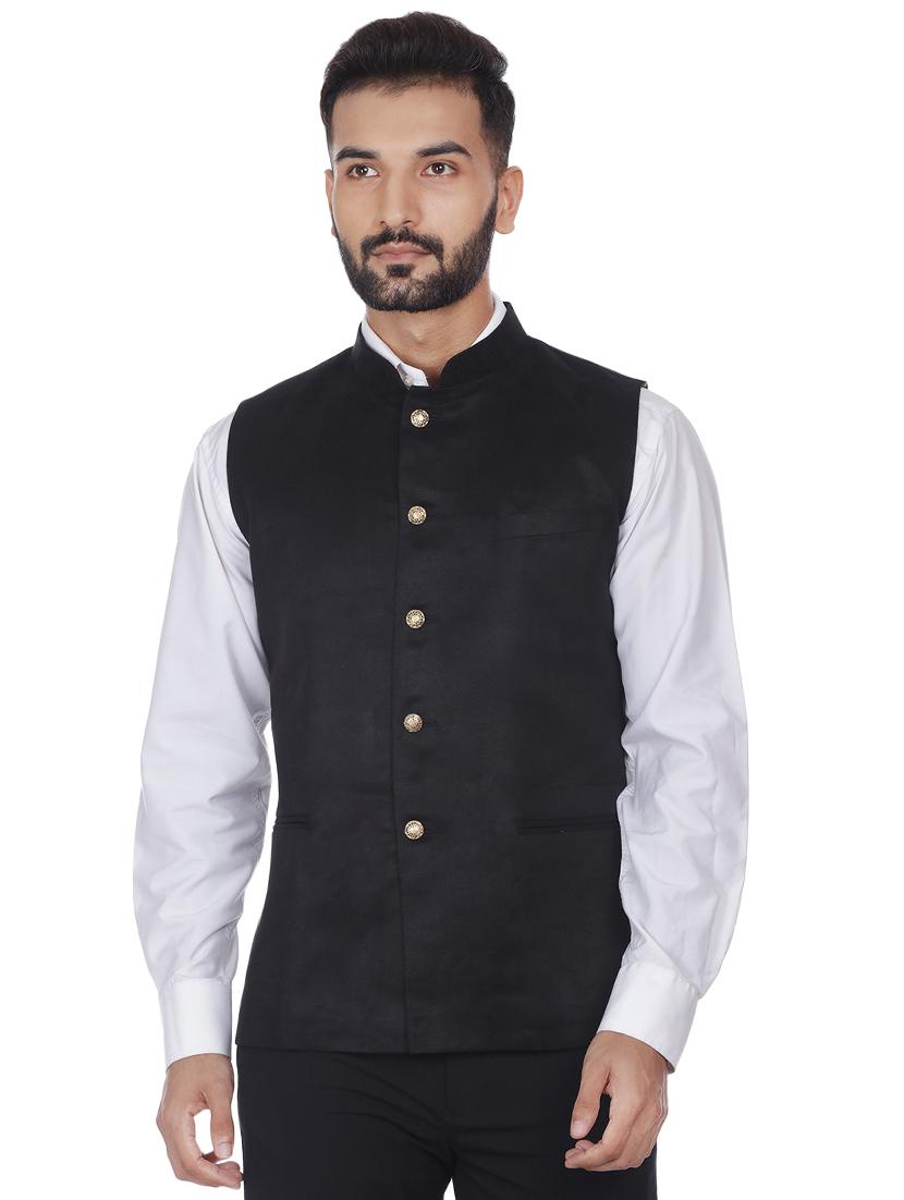 black solid velvet nehru jacket - 16973787 - Zoom Image - 0