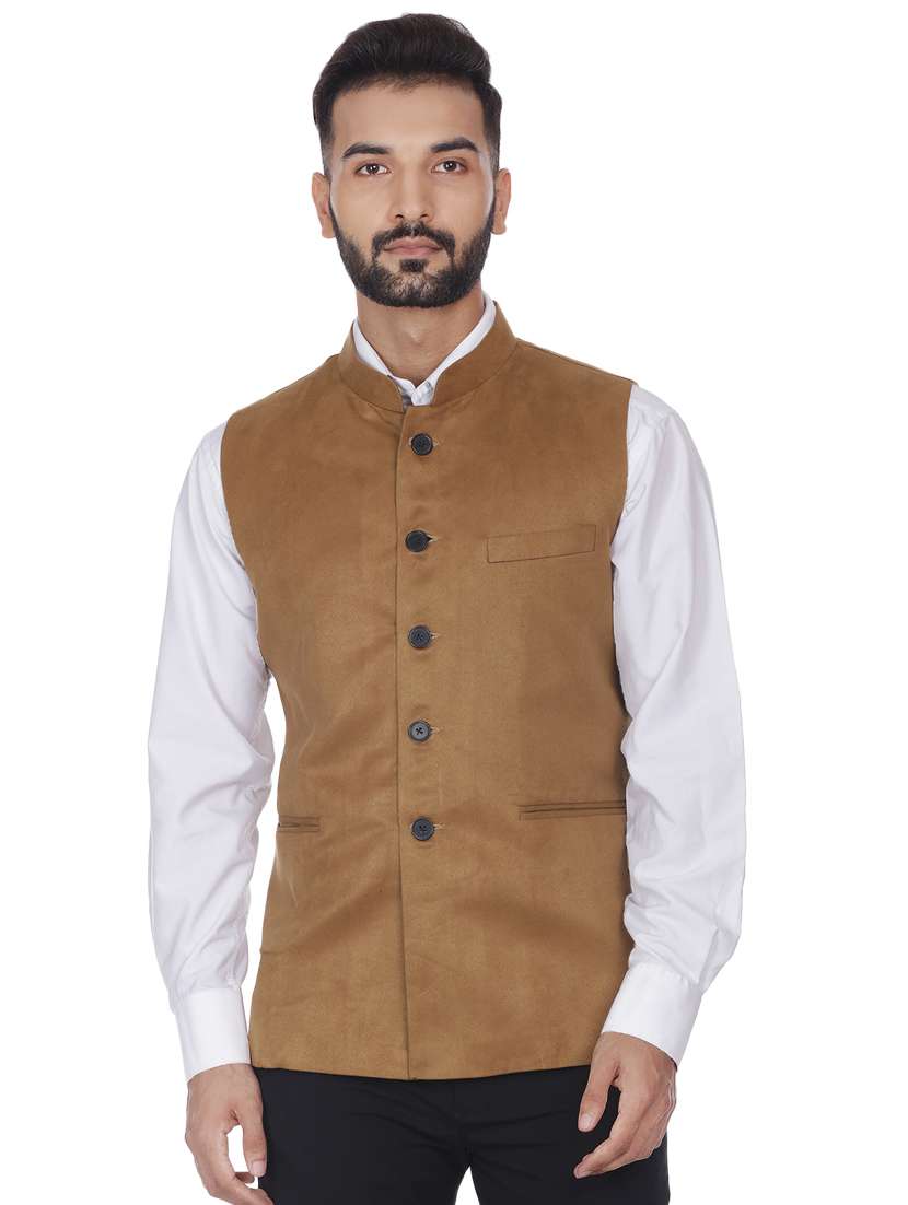 brown solid velvet nehru jacket