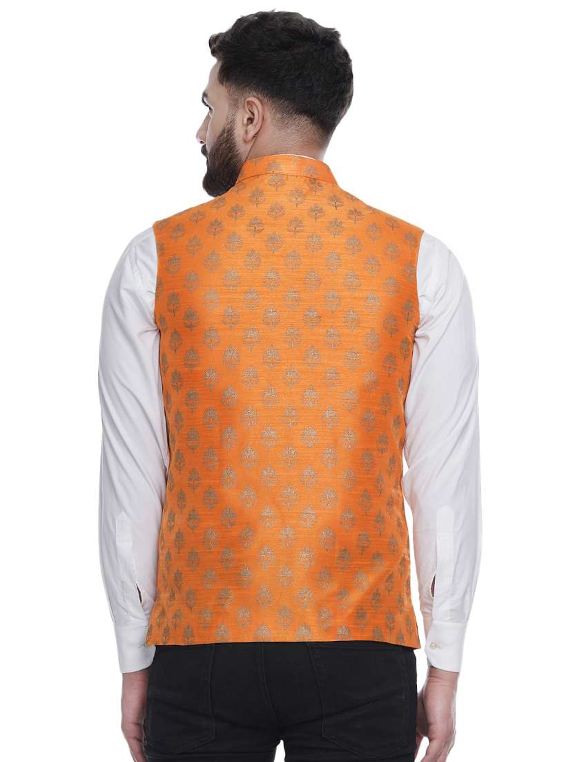 orange printed silk nehru jacket - 16973789 -  Standard Image - 2
