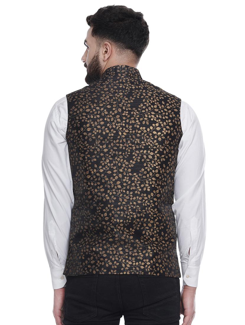 black printed silk nehru jacket - 16973790 - Standard Image - 2