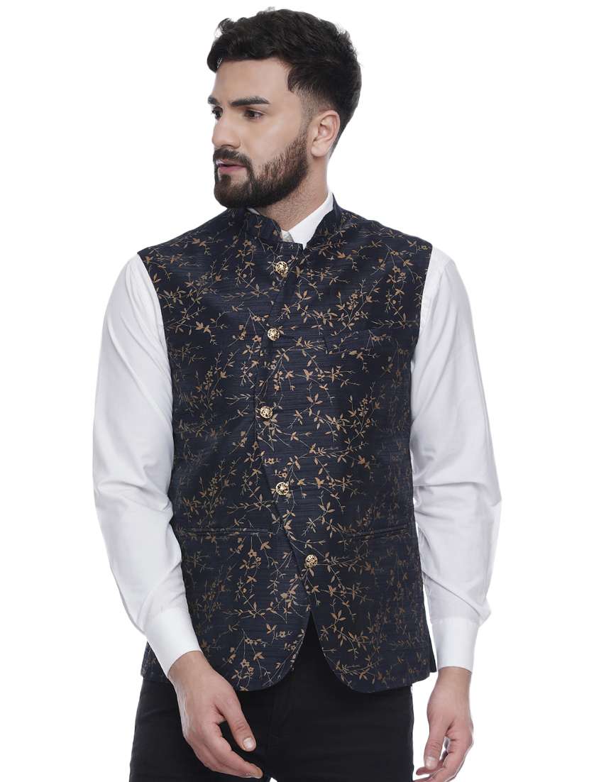blue printed silk nehru jacket