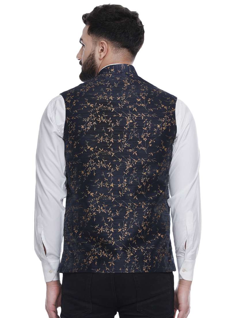 blue printed silk nehru jacket - 16973791 -  Standard Image - 2