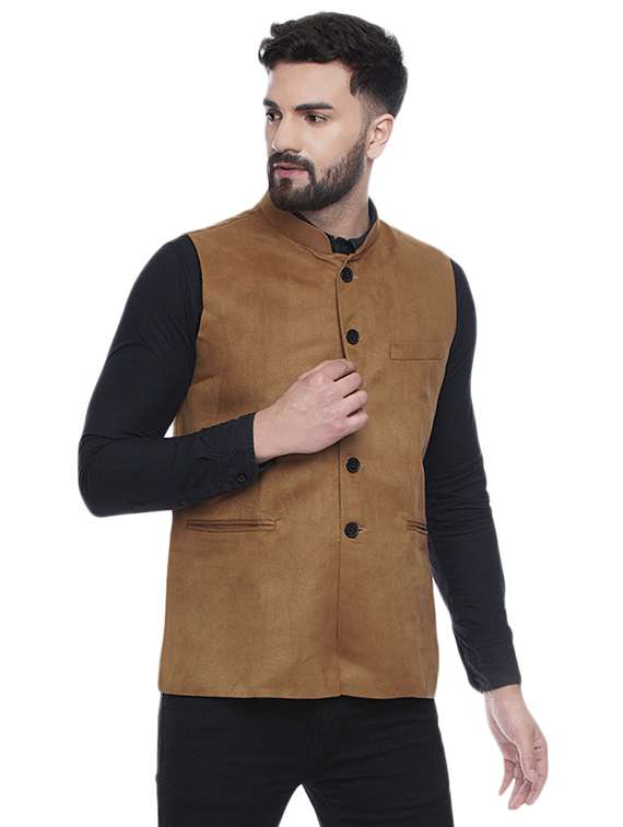 brown solid velvet nehru jacket
