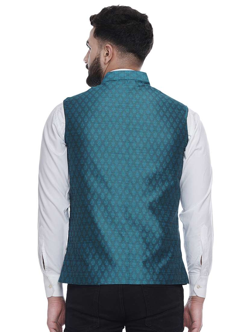 green jacquard silk blend nehru jacket - 16973805 -  Standard Image - 2