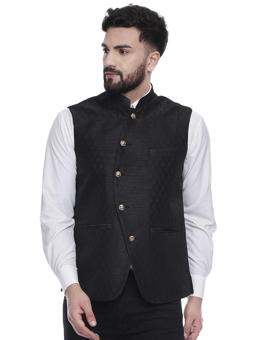 black jacquard silk blend nehru jacket