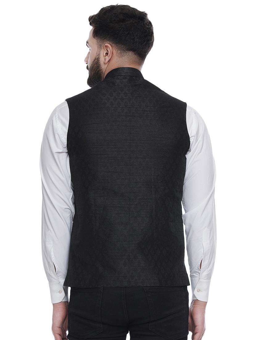 black jacquard silk blend nehru jacket - 16973807 - Standard Image - 2