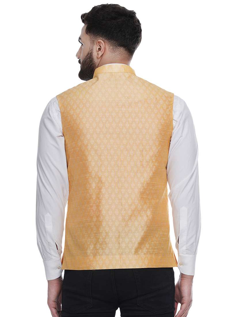 yellow jacquard silk blend nehru jacket - 16973809 -  Standard Image - 2