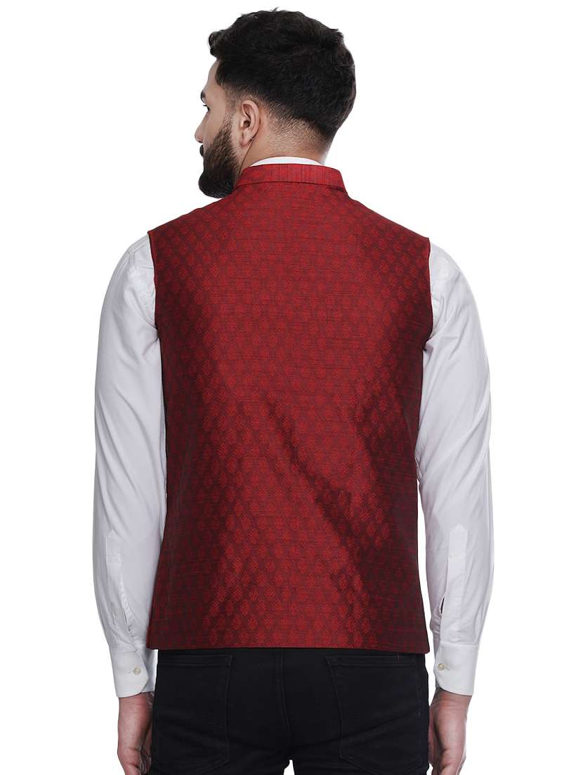 red jacquard silk blend nehru jacket - 16973811 -  Standard Image - 2