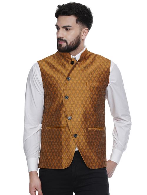 gold jacquard silk blend nehru jacket - 16973812 -  Standard Image - 0