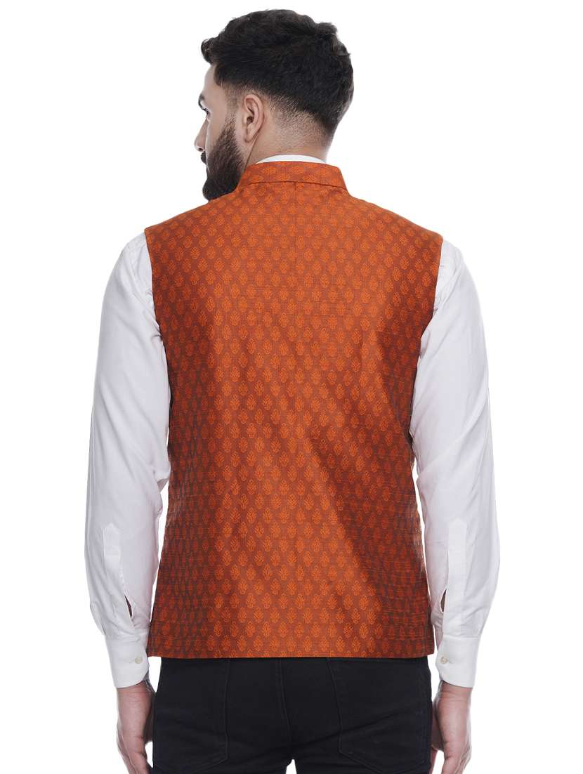 orange jacquard silk blend nehru jacket - 16973815 -  Standard Image - 2