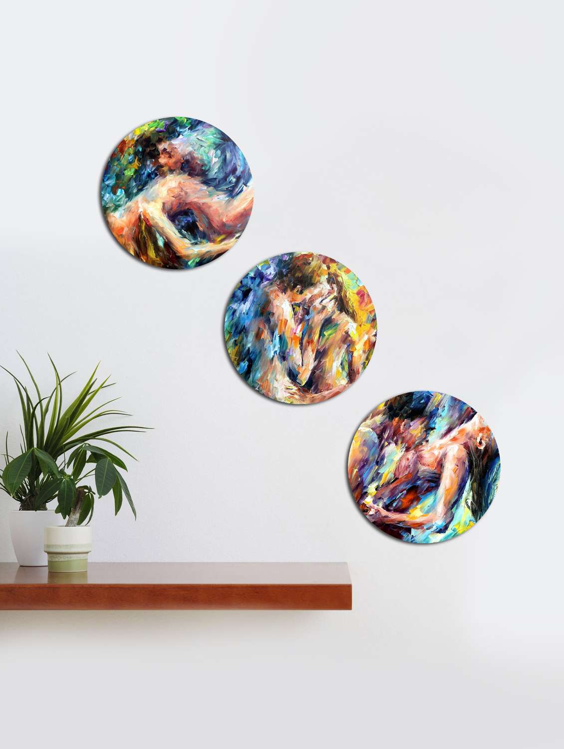  round wall paintings with wooden frame and without glass - set of 3