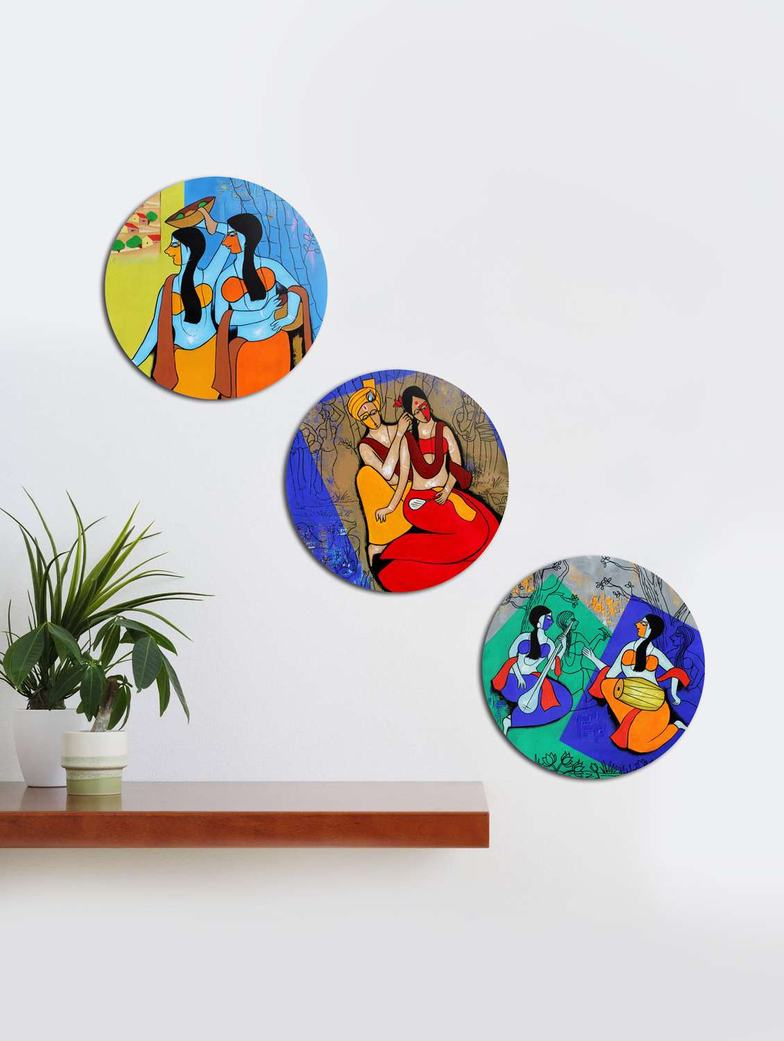  round wall paintings with wooden frame and without glass - set of 3