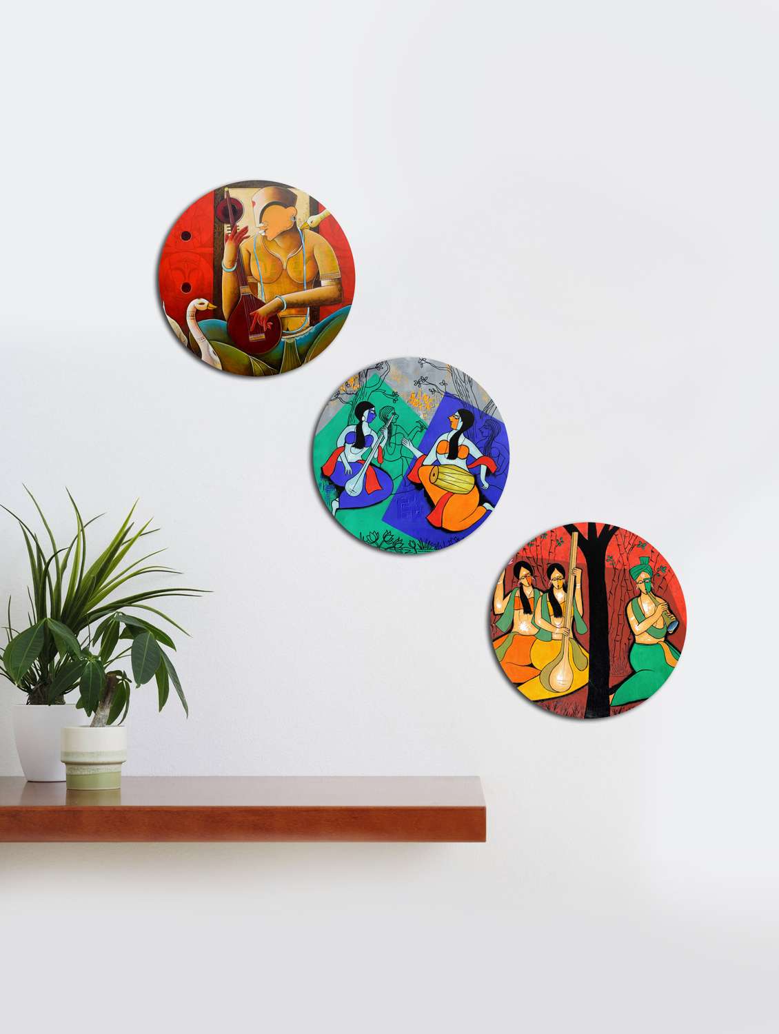  round wall paintings with wooden frame and without glass - set of 3