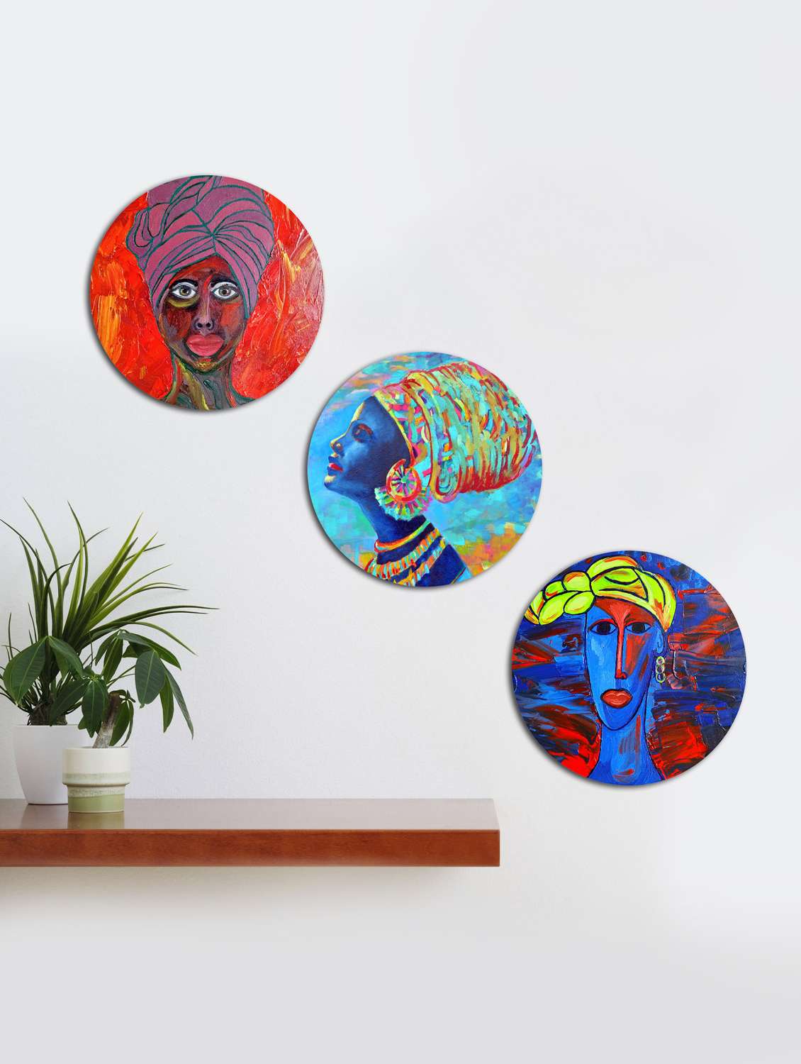  round wall paintings with wooden frame and without glass - set of 3