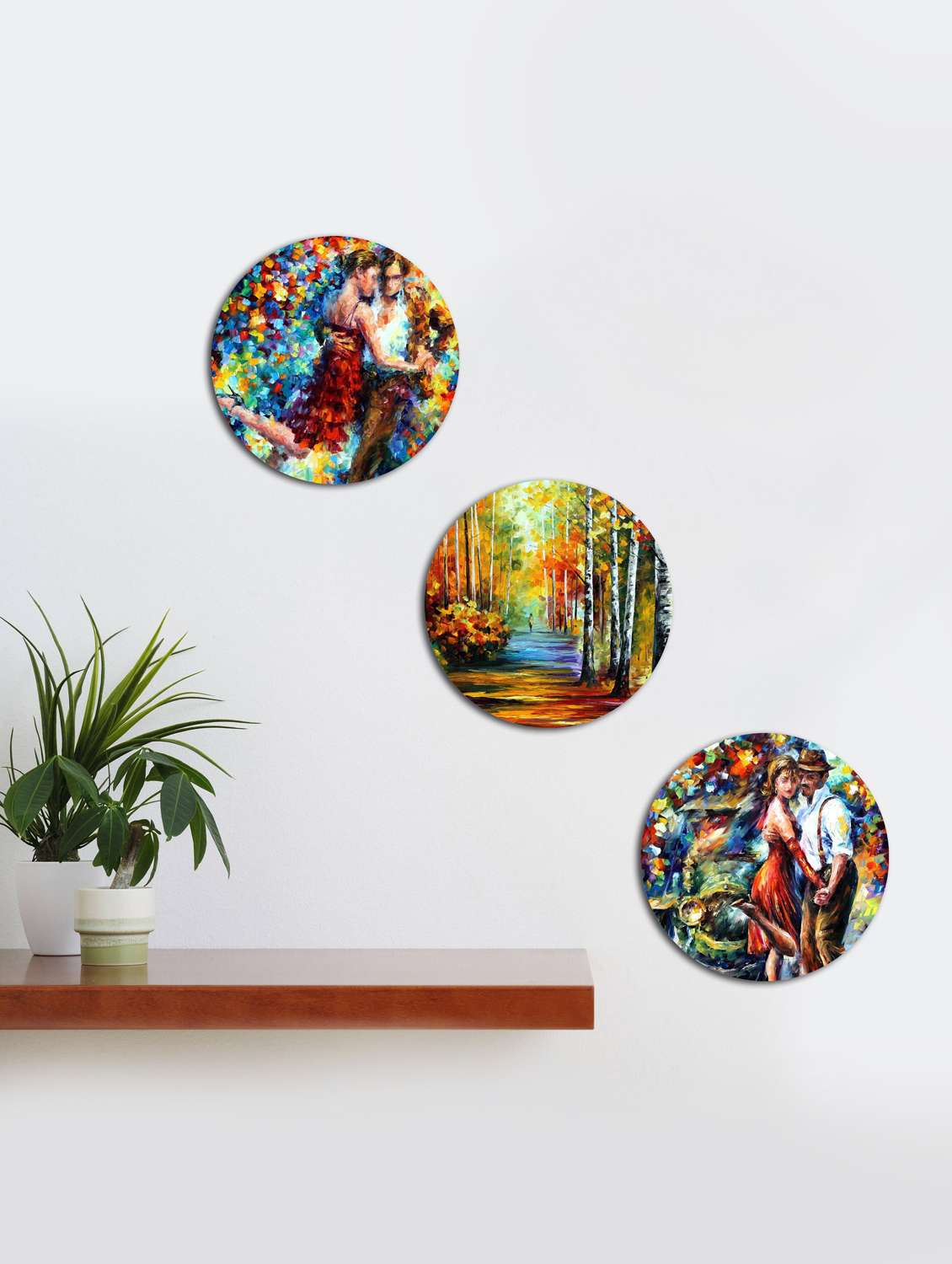  round wall paintings with wooden frame and without glass - set of 3