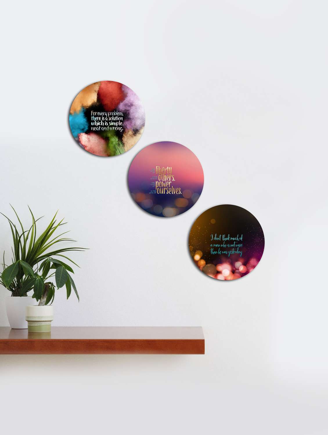 round wall quote painting with wooden frame and without glass - set of 3