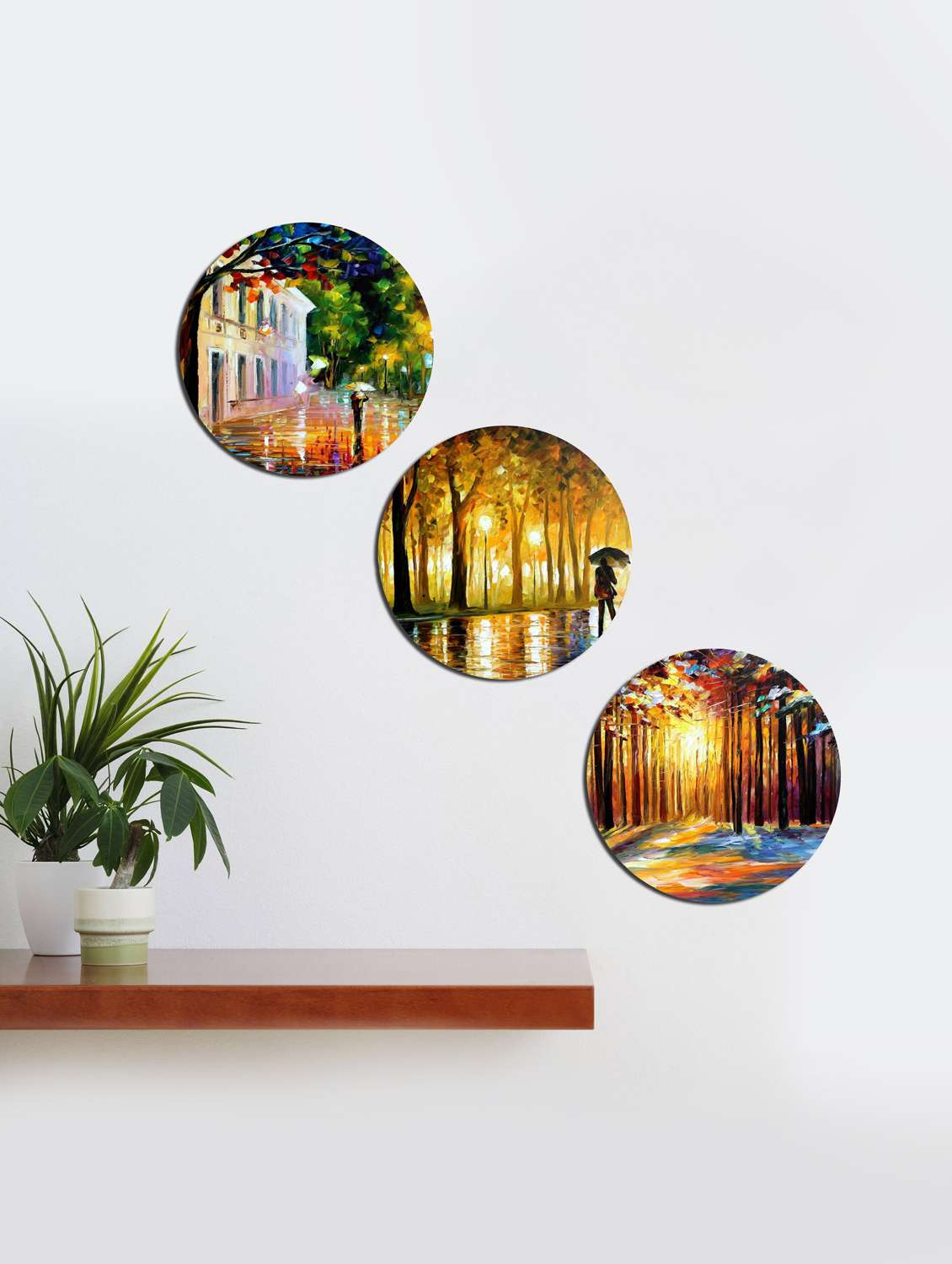   round wall rain painting with wooden frame and without glass - set of 3