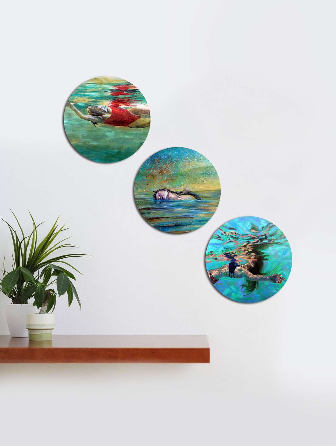  round wall swimming painting with wooden frame and without glass - set of 3