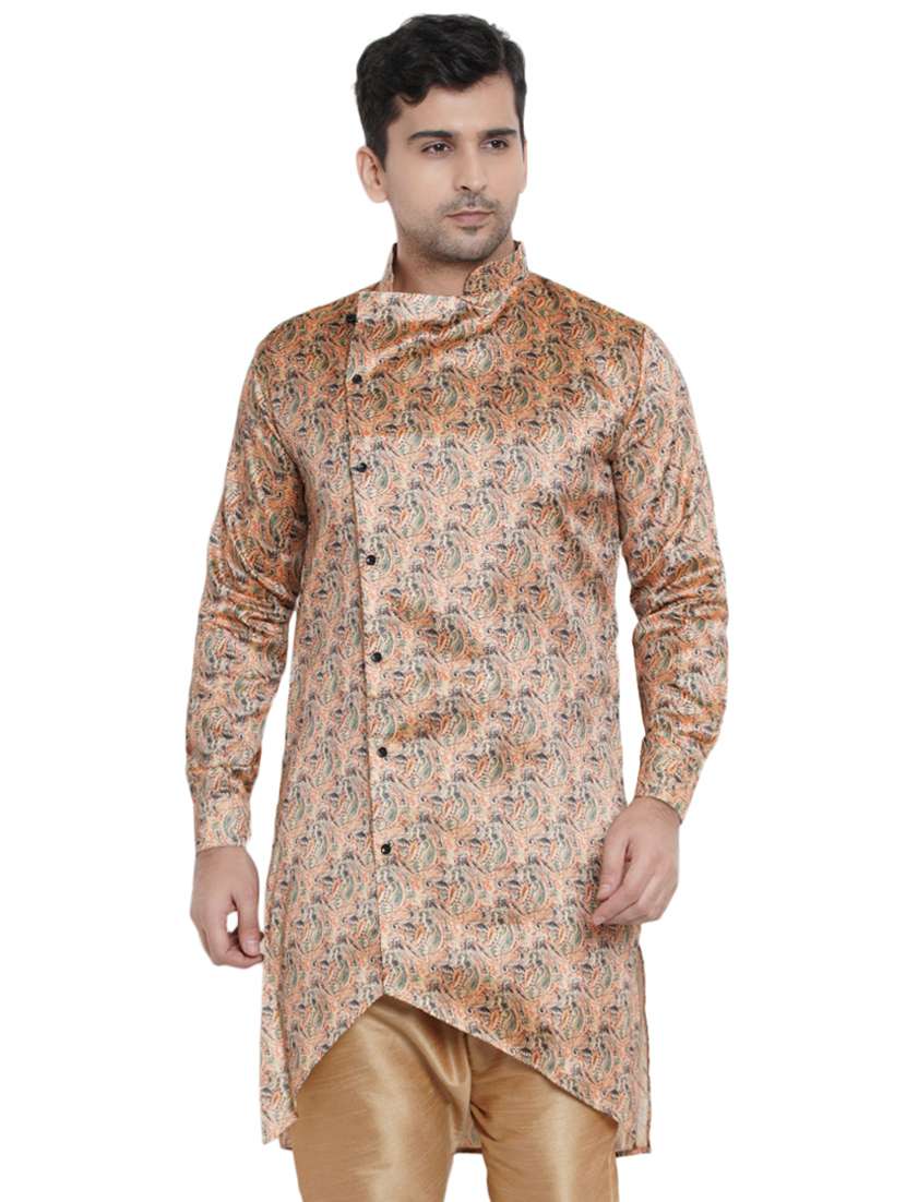 beige printed silk blend asymmetric kurta