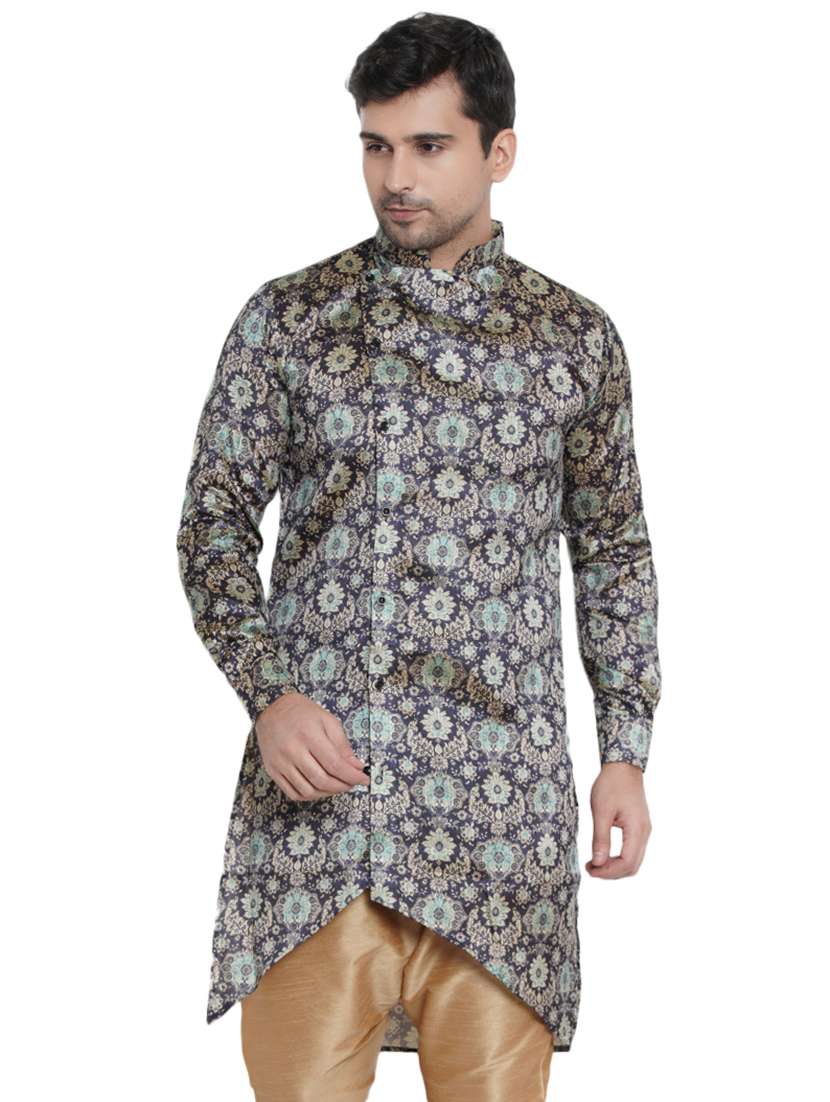 blue printed silk blend asymmetric kurta