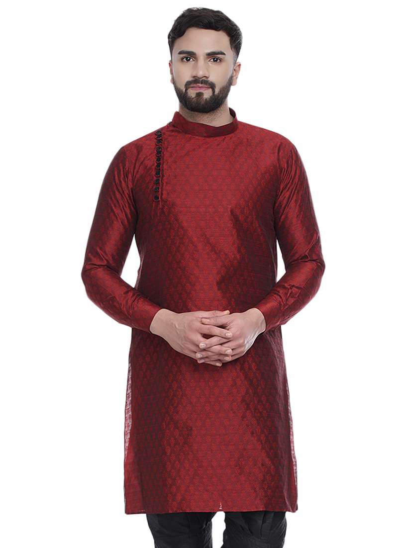 red jacquard silk blend medium length kurta